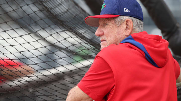 Jun 7, 2025; Pittsburgh, Pennsylvania, USA; Philadelphia Phillies Senior Advisor Larry Bowa looks on at the batting cage before the game against the Pittsburgh Pirates at PNC Park. Mandatory Credit: Charles LeClaire-Imagn Images