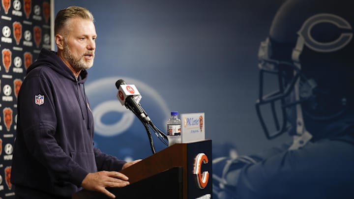 May 23, 2024; Lake Forest, IL, USA; Chicago Bears head coach Matt Eberflus speaks during organized team activities at Halas Hall.
