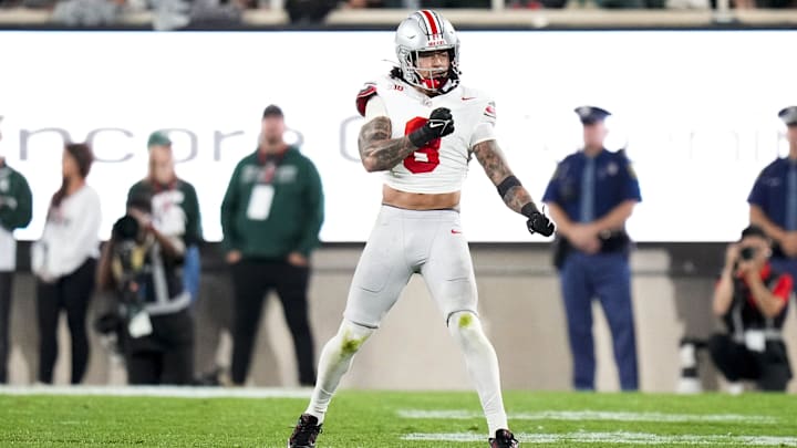 Sep 28, 2024; East Lansing, Michigan, USA; Ohio State Buckeyes safety Lathan Ransom (8) celebrates in the first half at Spartan Stadium on Saturday. Sep 28, 2024; East Lansing, Michigan, USA; Ohio State Buckeyes safety Lathan Ransom (8) celebrates in the first half at Spartan Stadium on Saturday.
