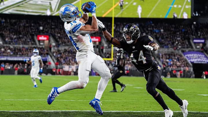 Detroit Lions wide receiver Amon-Ra St. Brown (14) makes a catch for a touchdown against Baltimore Ravens cornerback Marlon Humphrey (44) during the second half at M&T Bank Stadium in Baltimore, Md. on Monday, Sept. 22, 2025. Detroit Lions wide receiver Amon-Ra St. Brown (14) makes a catch for a touchdown against Baltimore Ravens cornerback Marlon Humphrey (44) during the second half at M&T Bank Stadium in Baltimore, Md. on Monday, Sept. 22, 2025.