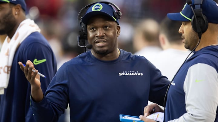Dec 8, 2024; Glendale, Arizona, USA; Seattle Seahawks defensive backs coach Karl Scott against the Arizona Cardinals at State Farm Stadium. Mandatory Credit: Mark J. Rebilas-Imagn Images