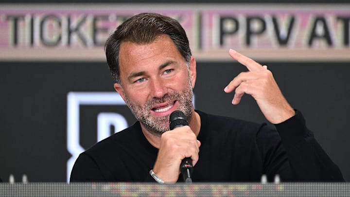 Eddie Hearn is seen during a press conference at The Glasshouse in Surfers Paradise on January 6, 2025. Eddie Hearn is seen during a press conference at The Glasshouse in Surfers Paradise on January 6, 2025.
