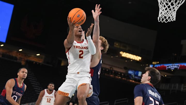 Isaiah Elohim, 2, of USC shoots against Saint Mary's College during the 2024 Acrisure Mens Invitational in Palm Desert, Calif., Nov. 28, 2024. Isaiah Elohim, 2, of USC shoots against Saint Mary's College during the 2024 Acrisure Mens Invitational in Palm Desert, Calif., Nov. 28, 2024.