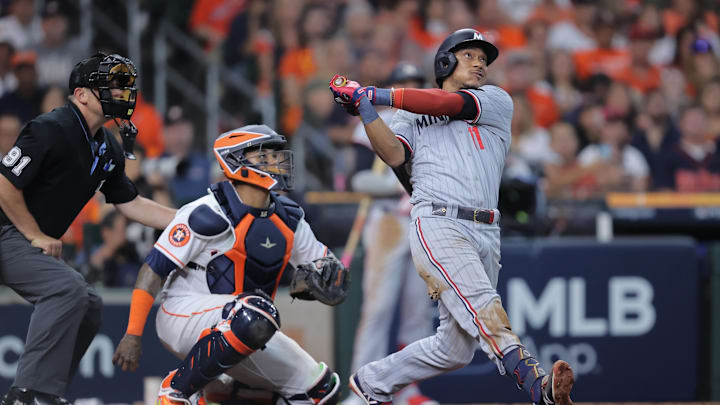 Oct 7, 2023; Houston, Texas, USA; Minnesota Twins second baseman Jorge Polanco (11) hits a three-run