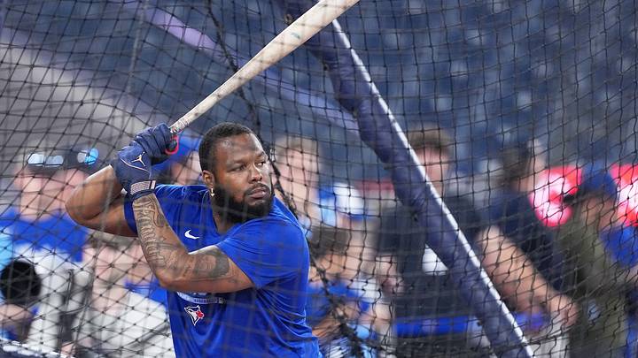 Aug 10, 2026; Toronto, Ontario, CAN; Toronto Blue Jays first baseman Vladimir Guerrero Jr. (27) takes batting practice before a game against the  Boston Red Sox at Rogers Centre. Mandatory Credit: Nick Turchiaro-Imagn Images