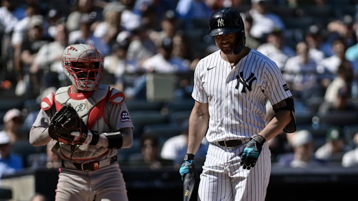 Aug 23, 2025; Bronx, New York, USA; New York Yankees designated hitter Giancarlo Stanton (27) reacts after striking out against the Boston Red Sox during the sixth inning at Yankee Stadium. Mandatory Credit: John Jones-Imagn Images