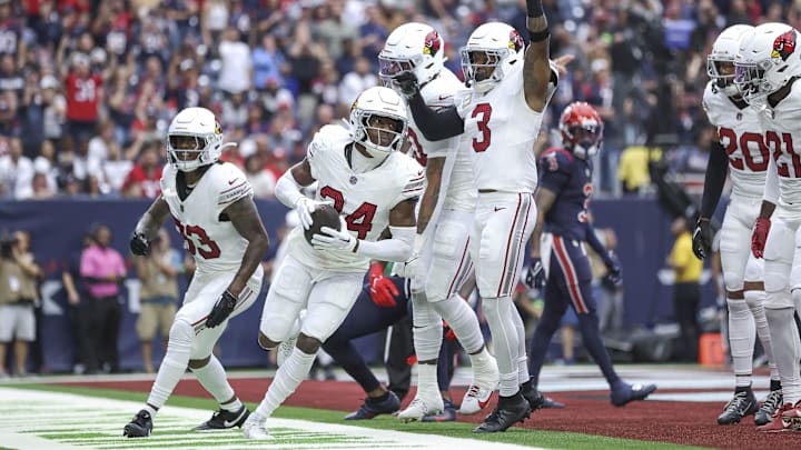 Nov 19, 2023; Houston, Texas, USA; Arizona Cardinals safety Jalen Thompson (34) reacts after making
