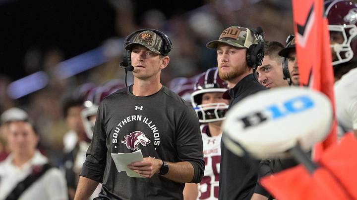 Sep 6, 2025; West Lafayette, Indiana, USA; Southern Illinois Salukis head coach Nick Hill stands on the sidelines during the second quarter against the Purdue Boilermakers at Ross-Ade Stadium. Sep 6, 2025; West Lafayette, Indiana, USA; Southern Illinois Salukis head coach Nick Hill stands on the sidelines during the second quarter against the Purdue Boilermakers at Ross-Ade Stadium.