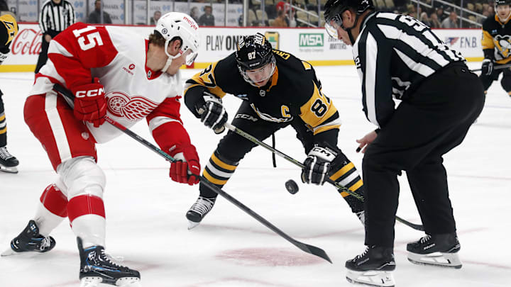 Oct 1, 2024; Pittsburgh, Pennsylvania, USA;  Detroit Red Wings center Sheldon Dries (15) and Pittsburgh Penguins center Sidney Crosby (87) take a face-off during the third period at PPG Paints Arena. Detroit won 2-1. Mandatory Credit: Charles LeClaire-Imagn Images
