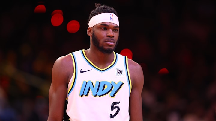 Dec 19, 2024; Phoenix, Arizona, USA; Indiana Pacers forward Jarace Walker (5) against the Phoenix Suns at Footprint Center. Mandatory Credit: Mark J. Rebilas-Imagn Images