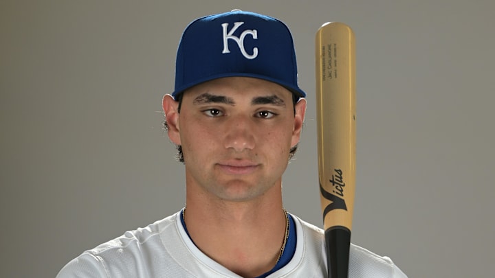 Feb 19, 2025; Surprise, AZ, USA; Kansas City Royals Jac Caglianone (14) poses for a photo during media day. Mandatory Credit: Jayne Kamin-Oncea-Imagn Images  