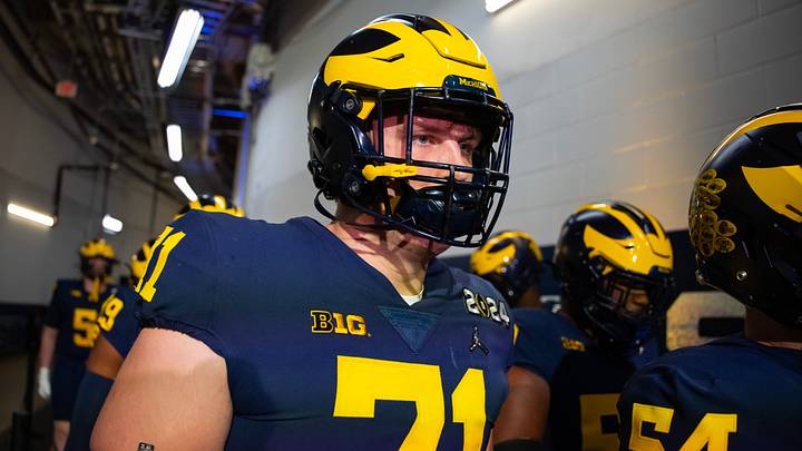 Michigan Wolverines offensive lineman Evan Link against the Washington Huskies during the 2024 College Football Playoff national championship game Michigan Wolverines offensive lineman Evan Link against the Washington Huskies during the 2024 College Football Playoff national championship game