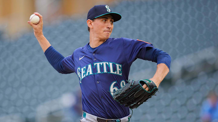 Seattle Mariners pitcher George Kirby throws during a game against the Minnesota Twins on June 25 at Target Field. Seattle Mariners pitcher George Kirby throws during a game against the Minnesota Twins on June 25 at Target Field.