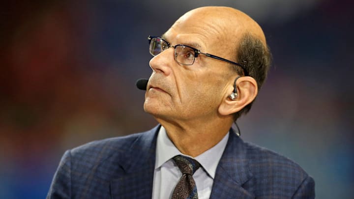 Dec 31, 2022; Atlanta, Georgia, USA; SEC network host Paul Finebaum looks on before the 2022 Peach Bowl between the Georgia Bulldogs and the Ohio State Buckeyesat Mercedes-Benz Stadium. Mandatory Credit: Brett Davis-Imagn Images