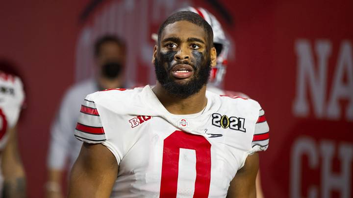 Jan 11, 2021; Miami Gardens, Florida, USA; Ohio State Buckeyes defensive end Jonathon Cooper (0) against the Alabama Crimson Tide in the 2021 CFP National Championship Game. Mandatory Credit: Mark J. Rebilas-Imagn Images