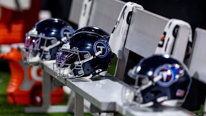 Aug 25, 2024; New Orleans, Louisiana, USA;  Detailed view of the Tennessee Titans helmet against the New Orleans Saints during the first half at Caesars Superdome. Mandatory Credit: Stephen Lew-Imagn Images