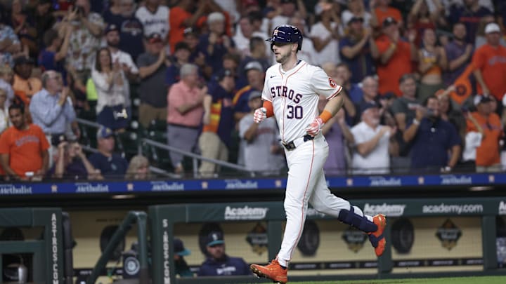 Sep 24, 2024; Houston, Texas, USA; Houston Astros right fielder Kyle Tucker (30) rounds the bases after hitting a home run against the Seattle Mariners in the fourth inning at Minute Maid Park. Sep 24, 2024; Houston, Texas, USA; Houston Astros right fielder Kyle Tucker (30) rounds the bases after hitting a home run against the Seattle Mariners in the fourth inning at Minute Maid Park.