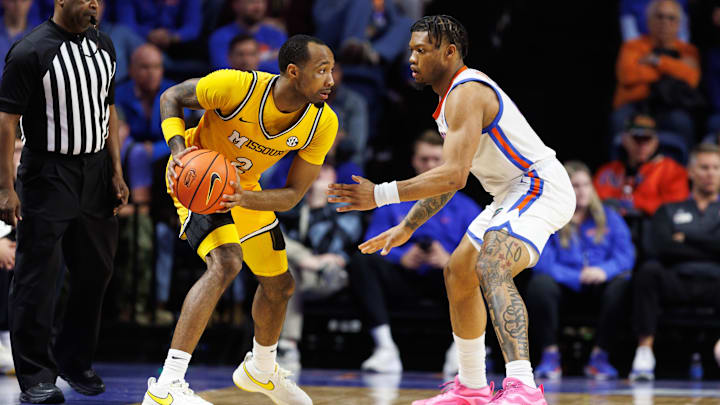 Jan 14, 2025; Gainesville, Florida, USA; Missouri Tigers guard Tamar Bates (2) looks to pass while Florida Gators guard Alijah Martin (15) defends during the second half at Exactech Arena at the Stephen C. O'Connell Center. Mandatory Credit: Matt Pendleton-Imagn Images
