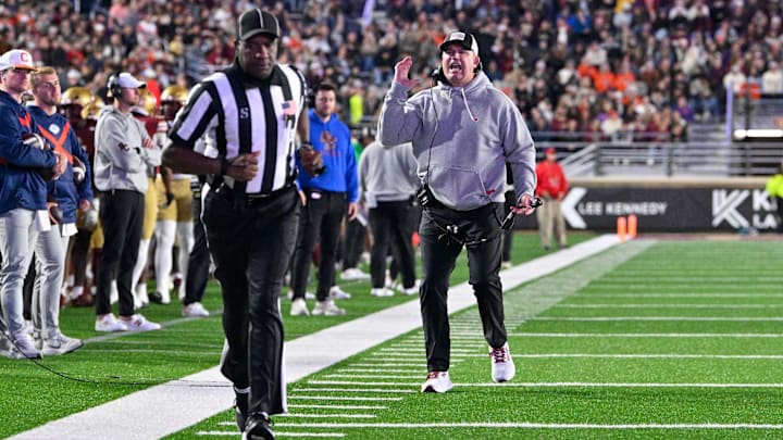 Oct 11, 2025; Chestnut Hill, Massachusetts, USA; Boston College Eagles head coach Bill O'Brien yells to an official during the first half against the Clemson Tigers at Alumni Stadium. Mandatory Credit: Eric Canha-Imagn Images