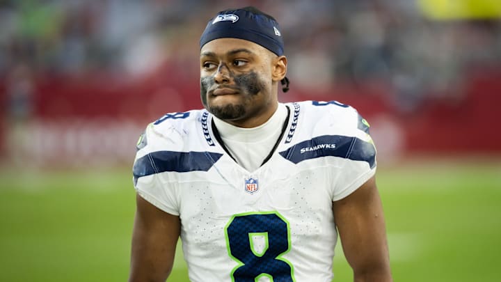 Dec 8, 2024; Glendale, Arizona, USA; Seattle Seahawks cornerback Coby Bryant (8) against the Arizona Cardinals at State Farm Stadium. Mandatory Credit: Mark J. Rebilas-Imagn Images
