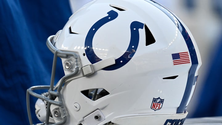 Dec 1, 2024; Foxborough, Massachusetts, USA; An Indianapolis Colts helmet sits on an equipment case during the first half against the New England Patriots at Gillette Stadium. Mandatory Credit: Eric Canha-Imagn Images Dec 1, 2024; Foxborough, Massachusetts, USA; An Indianapolis Colts helmet sits on an equipment case during the first half against the New England Patriots at Gillette Stadium. Mandatory Credit: Eric Canha-Imagn Images
