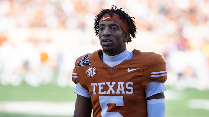 Dec 21, 2024; Austin, Texas, USA; Texas Longhorns defensive back Malik Muhammad (5) against the Clemson Tigers during the CFP National playoff first round at Darrell K Royal-Texas Memorial Stadium. Mandatory Credit: Mark J. Rebilas-Imagn Images