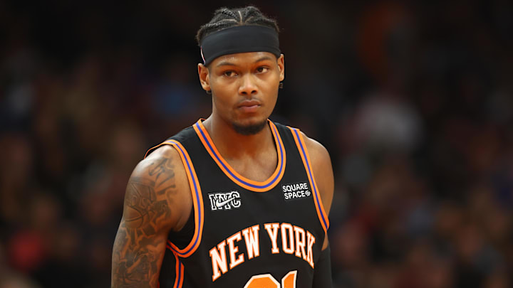 Mar 4, 2022; Phoenix, Arizona, USA; New York Knicks forward Cam Reddish (21) against the Phoenix Suns at Footprint Center. Mandatory Credit: Mark J. Rebilas-Imagn Images