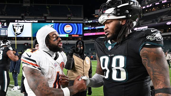 Bears running back D'Andre Swift speaks with Philadelphia defensive tackle Jalen Carter after the Black Friday game last season. Bears running back D'Andre Swift speaks with Philadelphia defensive tackle Jalen Carter after the Black Friday game last season.
