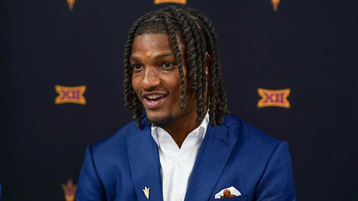 Jul 8, 2025; Frisco, TX, USA; Arizona State defensive back Xavion Alford answers questions from the media during 2025 Big 12 Football Media Days at The Star. Mandatory Credit: Raymond Carlin III-Imagn Images