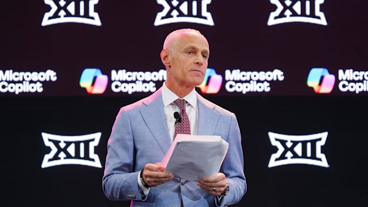 Big 12 Commissioner Brett Yormark addresses the media during the 2025 Big 12 Football Media Days at The Star. Big 12 Commissioner Brett Yormark addresses the media during the 2025 Big 12 Football Media Days at The Star.