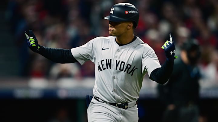 Oct 18, 2024; Cleveland, Ohio, USA; New York Yankees outfielder Juan Soto (22) celebrates after hitting a two run home run against the Cleveland Guardians in the first inning during game four of the ALCS for the 2024 MLB playoffs at Progressive Field