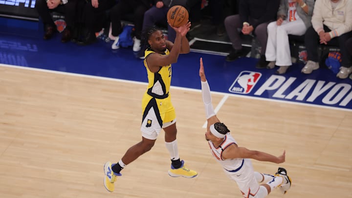May 21, 2025; New York, New York, USA; Indiana Pacers forward Aaron Nesmith (23) shoots a three point shot against New York Knicks guard Josh Hart (3) in the fourth quarter during game one of the eastern conference finals for the 2025 NBA Playoffs at Madison Square Garden. Mandatory Credit: Brad Penner-Imagn Images May 21, 2025; New York, New York, USA; Indiana Pacers forward Aaron Nesmith (23) shoots a three point shot against New York Knicks guard Josh Hart (3) in the fourth quarter during game one of the eastern conference finals for the 2025 NBA Playoffs at Madison Square Garden. Mandatory Credit: Brad Penner-Imagn Images
