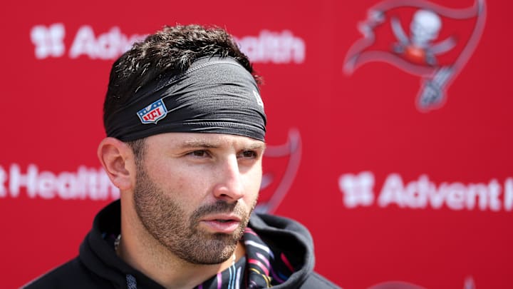  Tampa Bay Buccaneers quarterback Baker Mayfield (6) gives a press conference after mini camp.