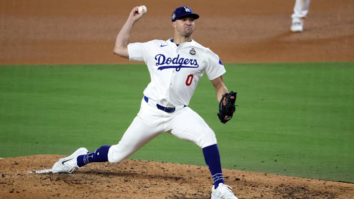 Oct 25, 2024; Los Angeles, California, USA; Los Angeles Dodgers pitcher Jack Flaherty (0) pitches in the fifth inning against the New York Yankees during game one of the 2024 MLB World Series at Dodger Stadium. 