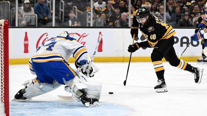 Apr 23, 2026; Boston, Massachusetts, USA; Boston Bruins center Pavel Zacha (18) attempts a shot against Buffalo Sabres goaltender Alex Lyon (34) during the first period of game three of the first round of the 2026 Stanley Cup Playoffs at the TD Garden. Mandatory Credit: Brian Fluharty-Imagn Images