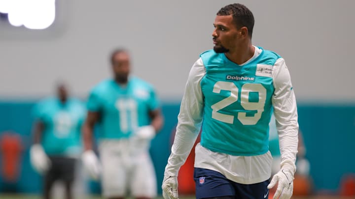 Jul 23, 2025; Miami Gardens, FL, USA; Miami Dolphins safety Minkah Fitzpatrick (29) looks on during training camp at Baptist Health Training Complex. Mandatory Credit: Sam Navarro-Imagn Images