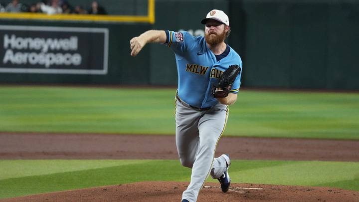 Jul 4, 2026; Phoenix, Arizona, USA; Milwaukee Brewers pitcher Brandon Woodruff (53) throws against the Arizona Diamondbacks in the first inning at Chase Field. Mandatory Credit: Rick Scuteri-Imagn Images