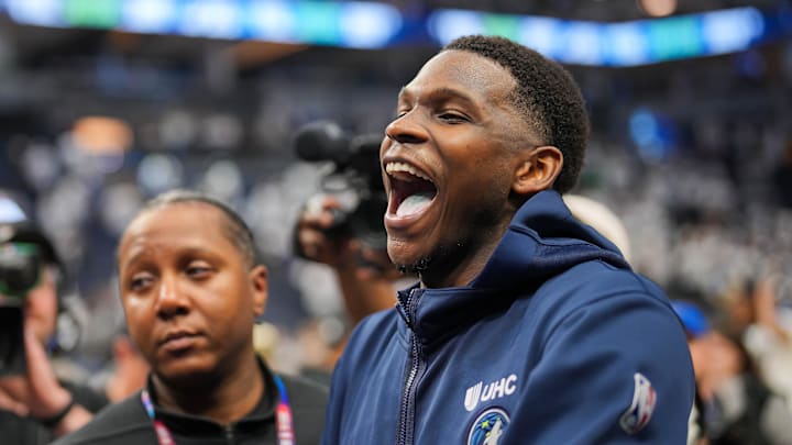 May 16, 2024; Minneapolis, Minnesota, USA; Minnesota Timberwolves guard Anthony Edwards (5) laughs