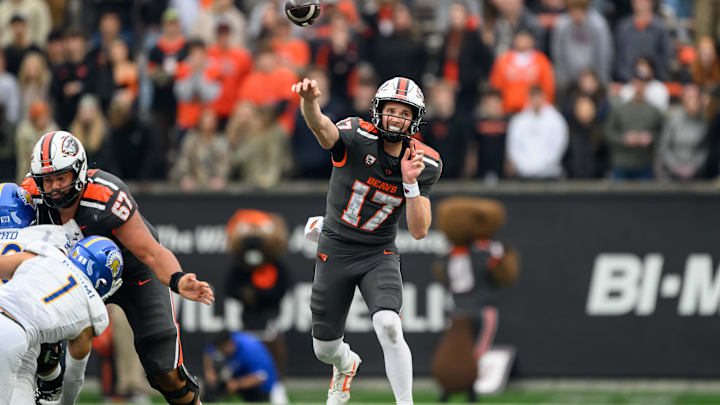 Nov 9, 2024; Corvallis, Oregon, USA; Oregon State Beavers quarterback Ben Gulbranson (17) throws the ball during the third quarter against the San Jose State Spartans at Reser Stadium. Mandatory Credit: Craig Strobeck-Imagn Images