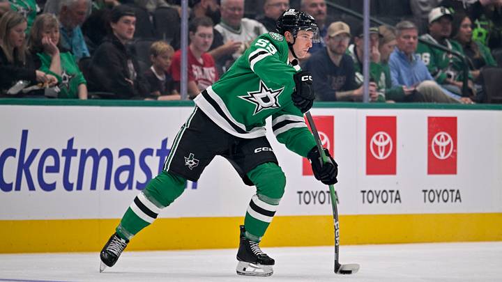 Sep 23, 2025; Dallas, Texas, USA; Dallas Stars defenseman Thomas Harley (55) in action during the game between the Dallas Stars and the Minnesota Wild at American Airlines Center. Mandatory Credit: Jerome Miron-Imagn Images