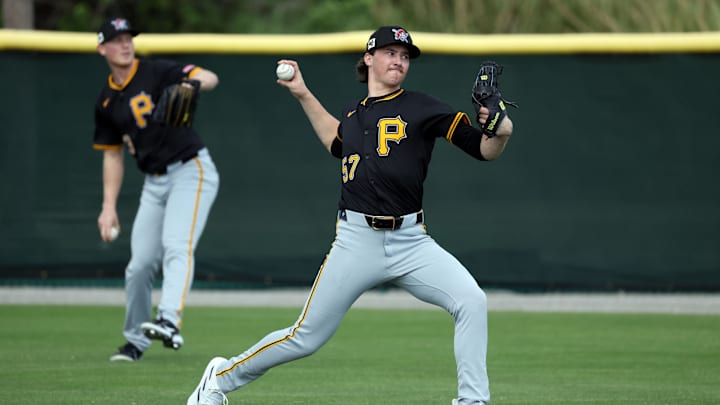 Feb 12, 2025; Bradenton, FL, USA; Pittsburgh Pirates pitcher Bubba Chandler and pitcher Mitch Keller (23) during spring training works out at Pirate City. Mandatory Credit: Kim Klement Neitzel-Imagn Images Feb 12, 2025; Bradenton, FL, USA; Pittsburgh Pirates pitcher Bubba Chandler and pitcher Mitch Keller (23) during spring training works out at Pirate City. Mandatory Credit: Kim Klement Neitzel-Imagn Images