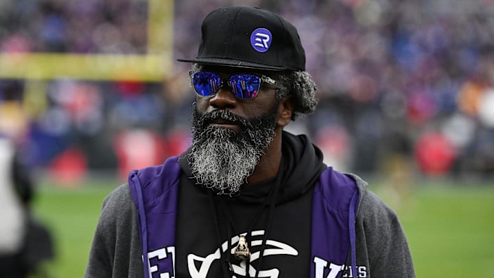 Jan 28, 2024; Baltimore, Maryland, USA; Former Baltimore Ravens Ed Reed looks on from the sidelines prior to the Ravens' game against the Kansas City Chiefs in the AFC Championship football game at M&T Bank Stadium. Mandatory Credit: Tommy Gilligan-Imagn Images
