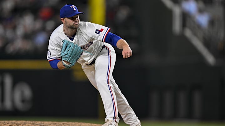 Aug 4, 2025; Arlington, Texas, USA; Texas Rangers relief pitcher Danny Coulombe (54) in action during the game between the Texas Rangers and the New York Yankees at Globe Life Field. Mandatory Credit: Jerome Miron-Imagn Images