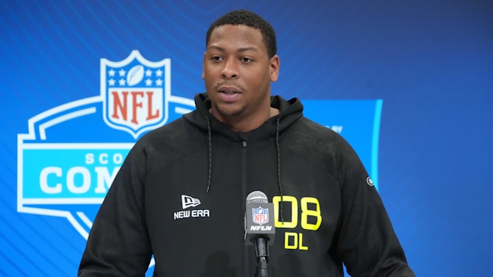 Feb 26, 2025; Indianapolis, IN, USA; Texas defensive lineman Alfred Collins (DL08) during the 2025 NFL Scouting Combine at the Indiana Convention Center. Mandatory Credit: Kirby Lee-Imagn Images