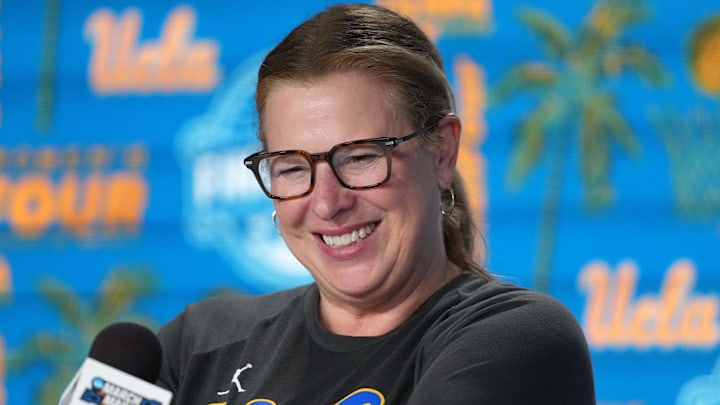 Apr 3, 2025; Tampa, FL, USA; UCLA Bruins head coach Cori Close during press conference at Amalie Arena. Mandatory Credit: Kirby Lee-Imagn Images