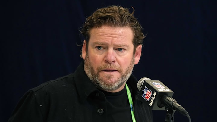 Feb 25, 2025; Indianapolis, IN, USA; Seattle Seahawks general manager John Schneider speaks during the NFL Scouting Combine at the Indiana Convention Center. Mandatory Credit: Kirby Lee-Imagn Images