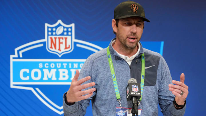 Feb 25, 2025; Indianapolis, IN, USA; Indianapolis Colts coach Shane Steichen speaks during the NFL Scouting Combine at the Indiana Convention Center. Mandatory Credit: Kirby Lee-Imagn Images