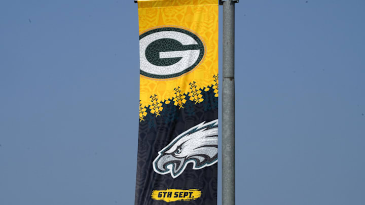 A banner at Arena Corinthians in Sao Paolo promotes the game between the Philadelphia Eagles and the Green Bay Packers. 