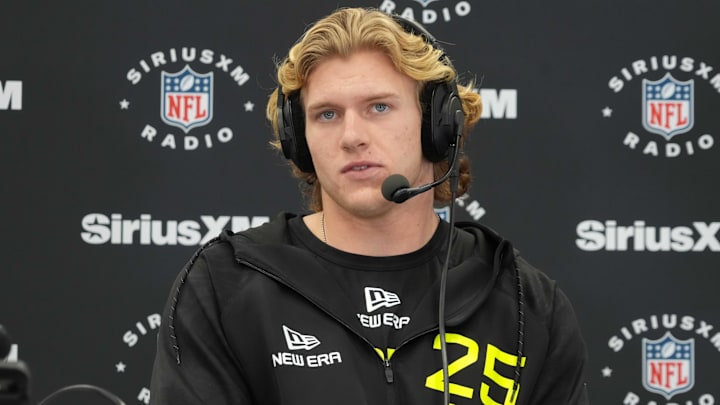 Feb 26, 2025; Indianapolis, IN, USA; UCLA linebacker Carson Schwesinger (LB25) during the 2025 NFL Scouting Combine at the Indiana Convention Center. Mandatory Credit: Kirby Lee-Imagn Images