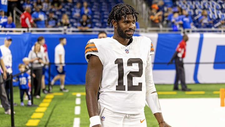 Sep 28, 2025; Detroit, Michigan, USA; Cleveland Browns quarterback Shedeur Sanders (12) warms up before the game against the Detroit Lions at Ford Field. Mandatory Credit: David Reginek-Imagn Images Sep 28, 2025; Detroit, Michigan, USA; Cleveland Browns quarterback Shedeur Sanders (12) warms up before the game against the Detroit Lions at Ford Field. Mandatory Credit: David Reginek-Imagn Images